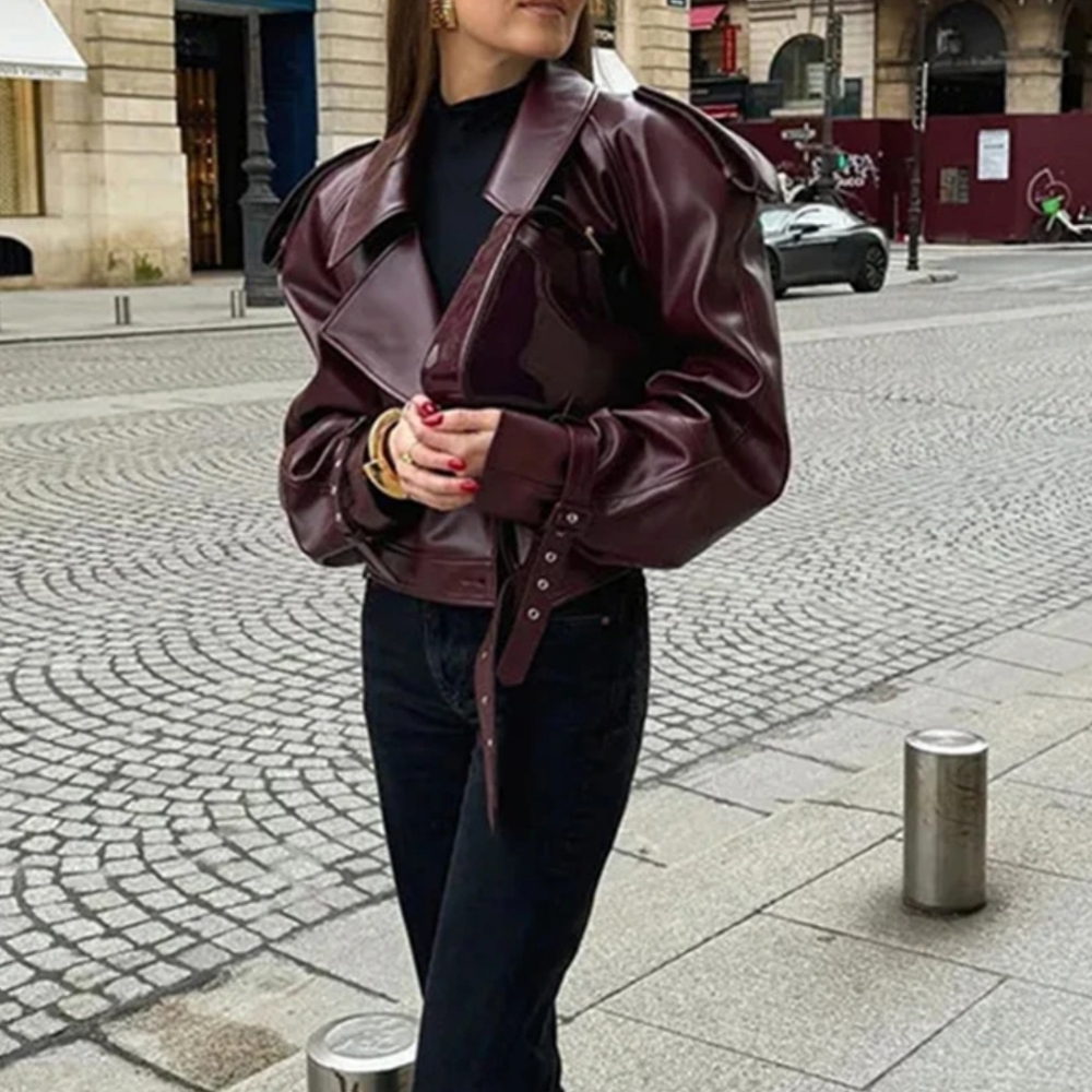 Elegant Women Long Sleeve Leather Jacket - Picture 4 of 11
